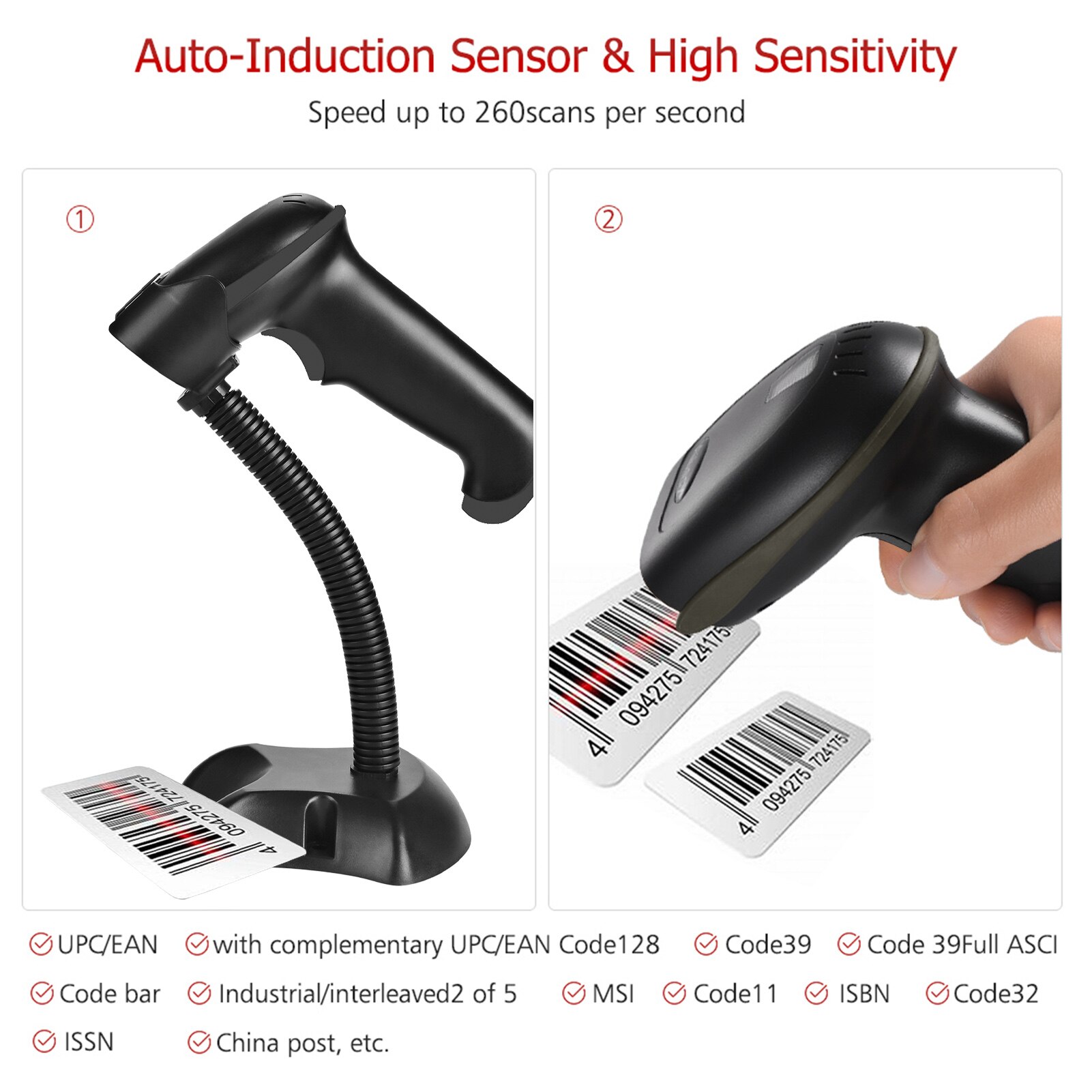 Aibecy automatischer usb-barcodescanner, kabelgebundener 1d -scanner mit verstellbarem ständer und usb-kabel für windows und mac