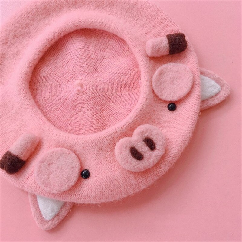 Pink piggy beret Hat girl winter Cute casual painter cap women wool warm hat