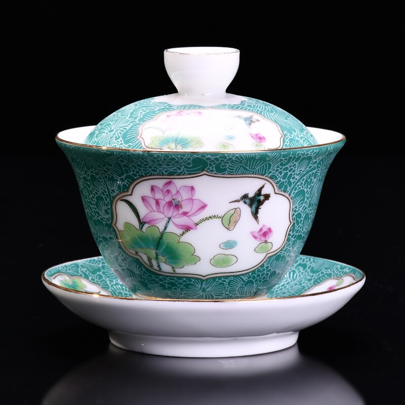 130ml farve emalje keramisk te skål kinesisk tradition gaiwan master kop kung fu te kop lotus mønster tekop porcelæn kopper: D