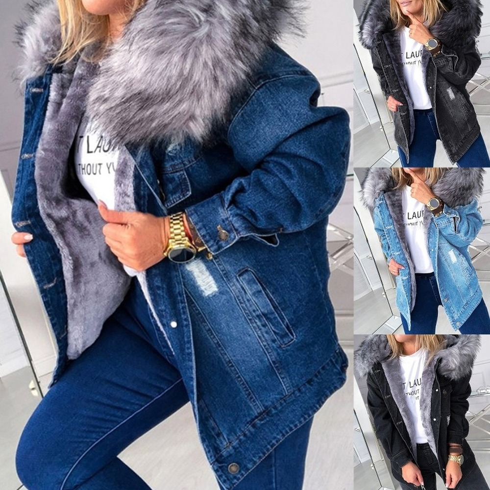 Dam vinter varm fluffig krage huva jeansjacka tjock plyschfodrad varm långärmad jeansjacka buttondown överdimensionerad lös jacka
