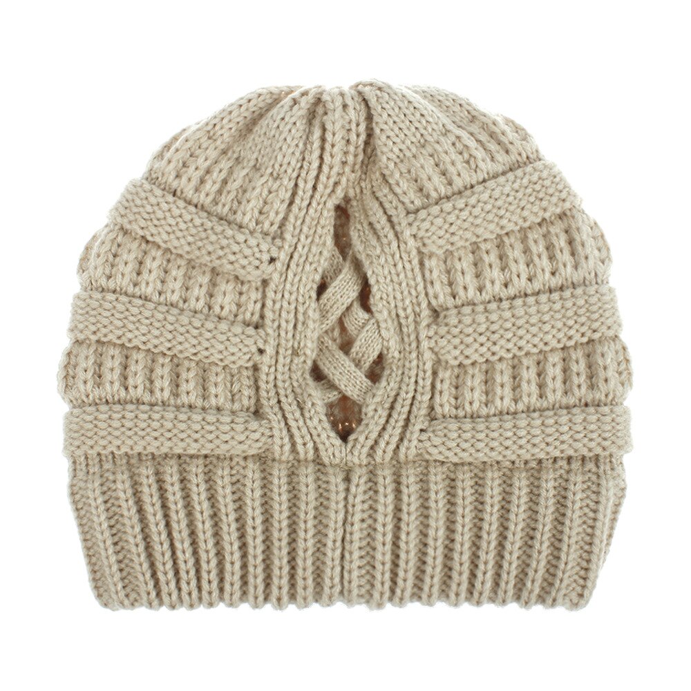 Bonnet queue de cheval pour femme, en coton, doux et extensible, en tricot tête de mort: Beige