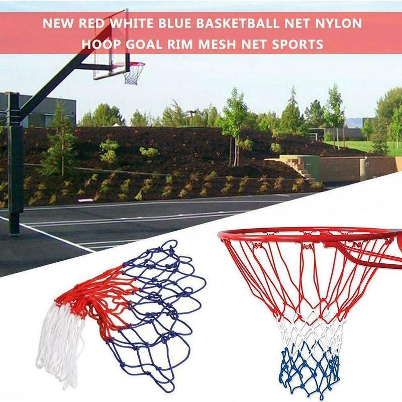 Standard-nylon-basketballnetz, basketballkorb, netzrückwand, ballpumpe, 12 schlaufen, weiß, rot, blau