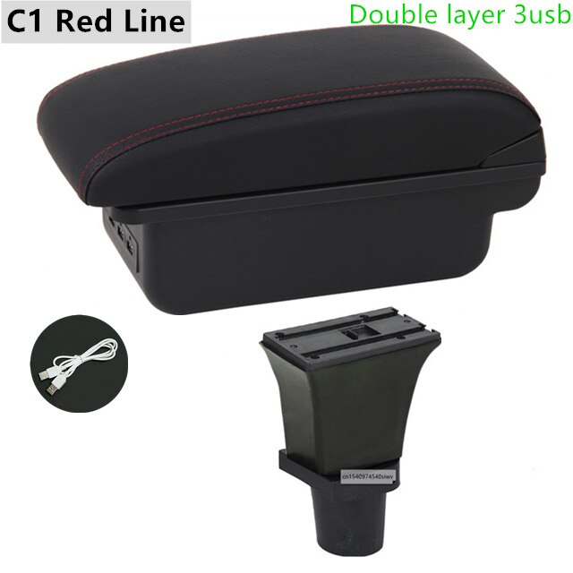 Car Armrest Box for Citroen C1 Special Retrofit Parts Center Storage Box with USB LED Light Accessories: C1 Red Line
