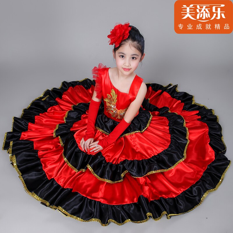 Vestido de corrida de toro española para niños, disfraz de Flamenco, Princesa, falda completa de baile de apertura, vestido de baile oscilante de talla grande H549: Red720 / XS