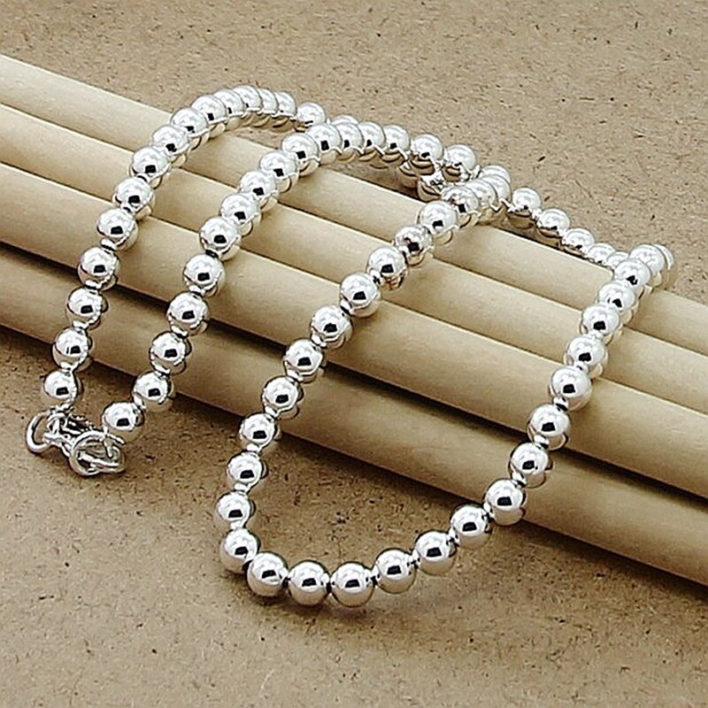 Nova moda 925 prata corrente colar 6mm redondo grânulo colar para mulheres jóias finas