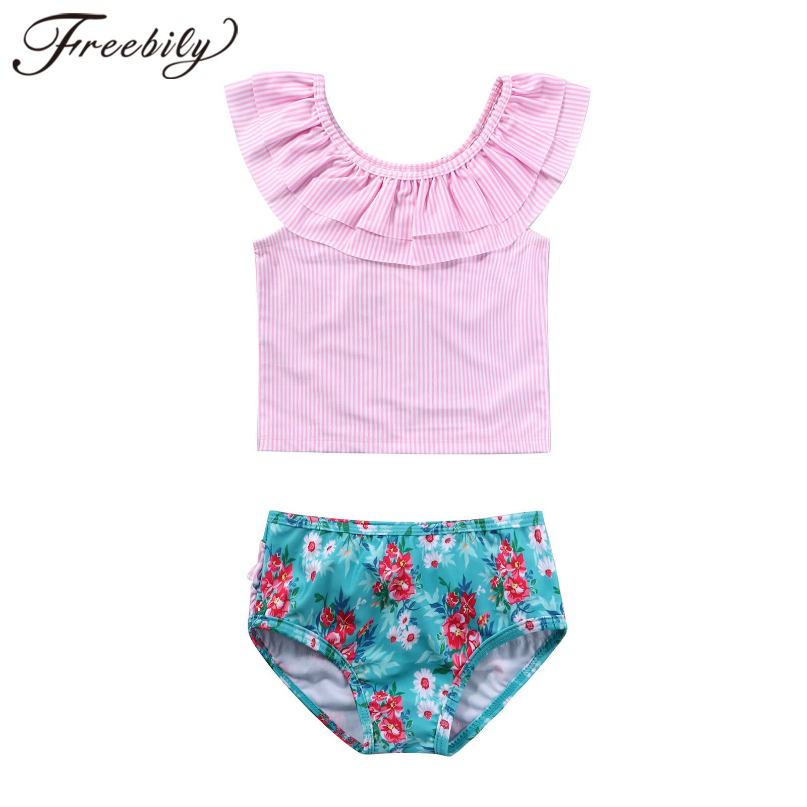 Kids Swimsuits Girl's Bathing Suit Striped Tankini Set Ruffle Tank Top Floral Print Bikini Bottom 2Pcs Swimwear for Little Girl