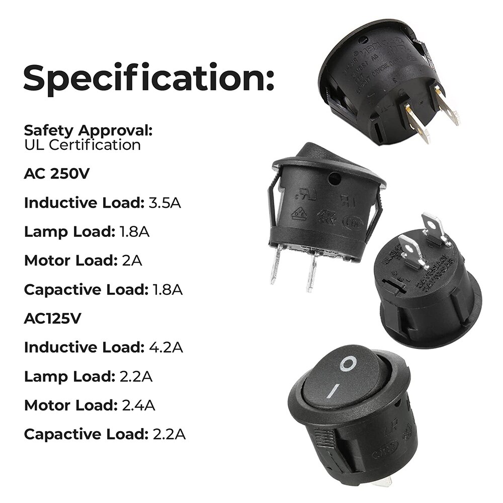 KCD1 Black Round Rocker Switch 10Pcs On Off 2 Pin AC 6A(250V) 10A(125V) SPST Press Toggle Button for Auto Boat Marine Car Light