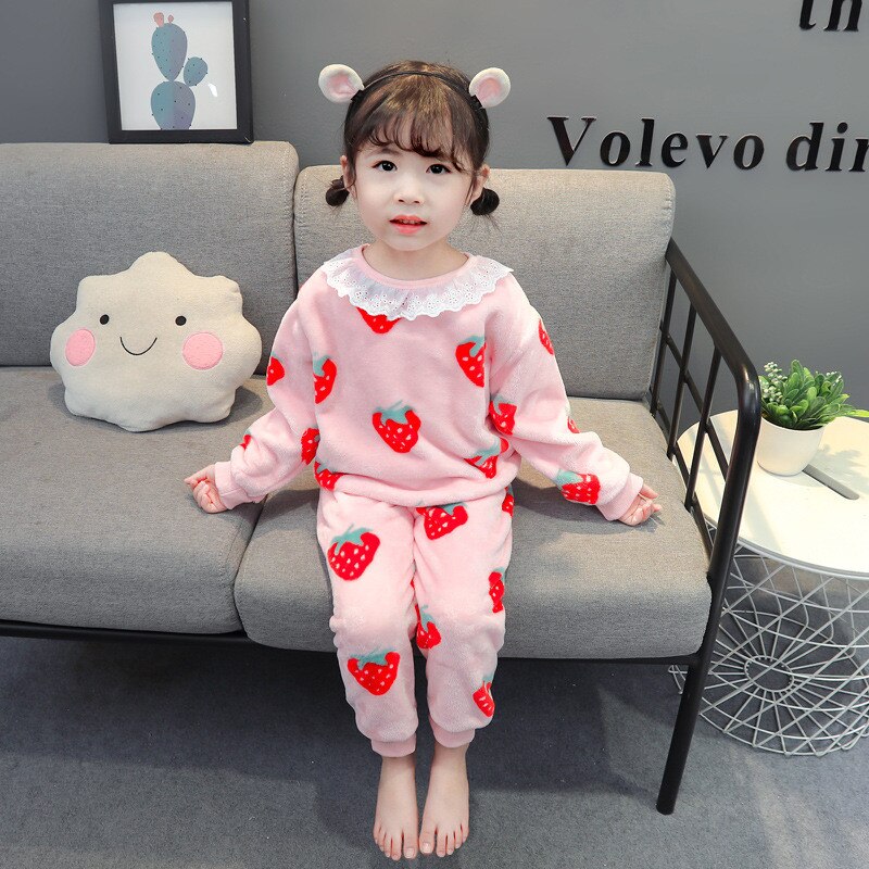 Pajamas for Toddler Girl Strawberry Flannel Pijamas Kids Warm Sets Baby Sleepers Teens Winter Sleepwear Nightgown Nightclothes 5: BW280-Strawberry / 90 for 2Y