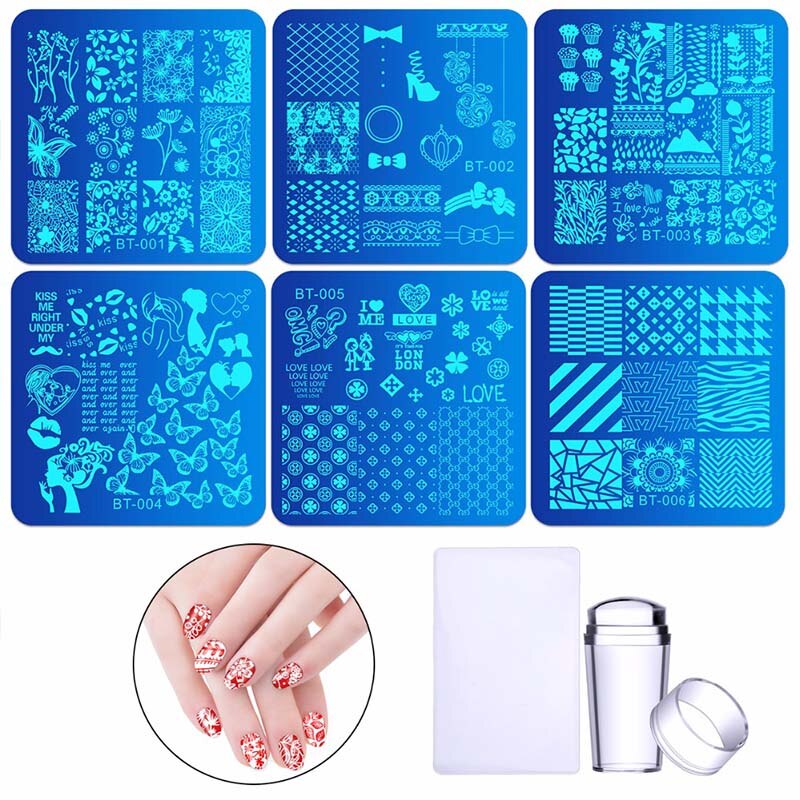 Udene nail art plader og stempler skabeloner ren klar gelé silikone negle stempling plade værktøjer søm dekoration skabelon 9 stil: Stil sæt 7