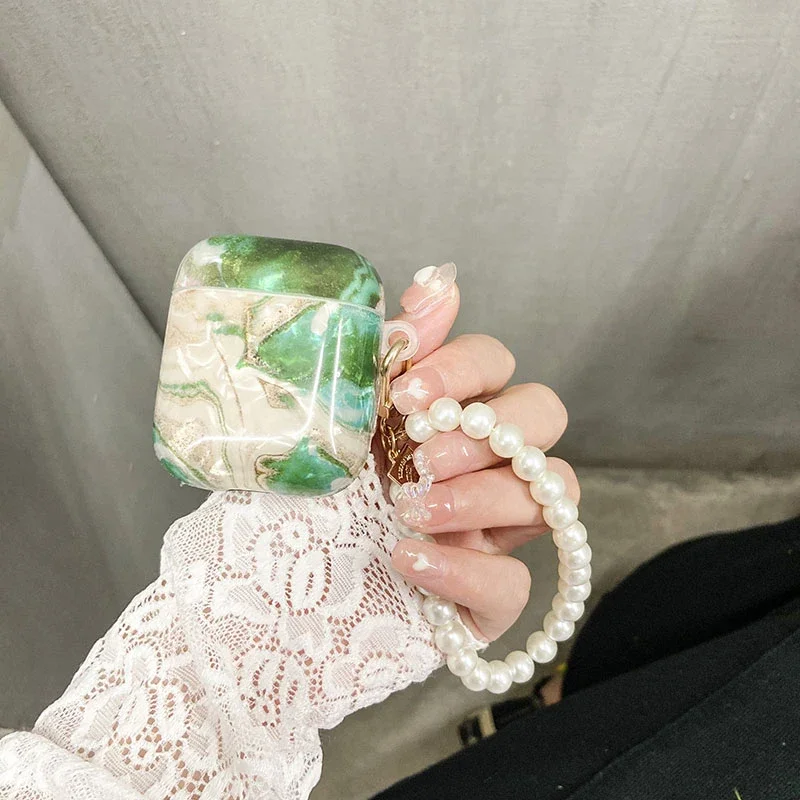 Para Apple AirPods 4 2 3 Pro funda de lujo verde Esmeralda mármol brillante funda para auriculares para AirPods 4 funda lindo corazón perla llavero