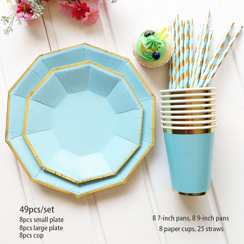 24pcs/set Disposable Tableware Set Green Pink Blue Regular Decagon Paper Plate Cups For Wedding Birthday Party Picnic Supplies