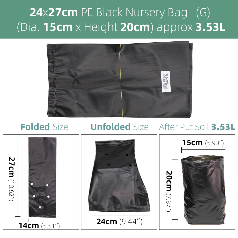 Bolsas gruesas para cultivo de plantas, macetas de plántulas ecológicas para jardín con agujeros transpirables, bolsas de plantación negras, bolsas de vivero de PE, 100 Uds.: Black 24x27cm