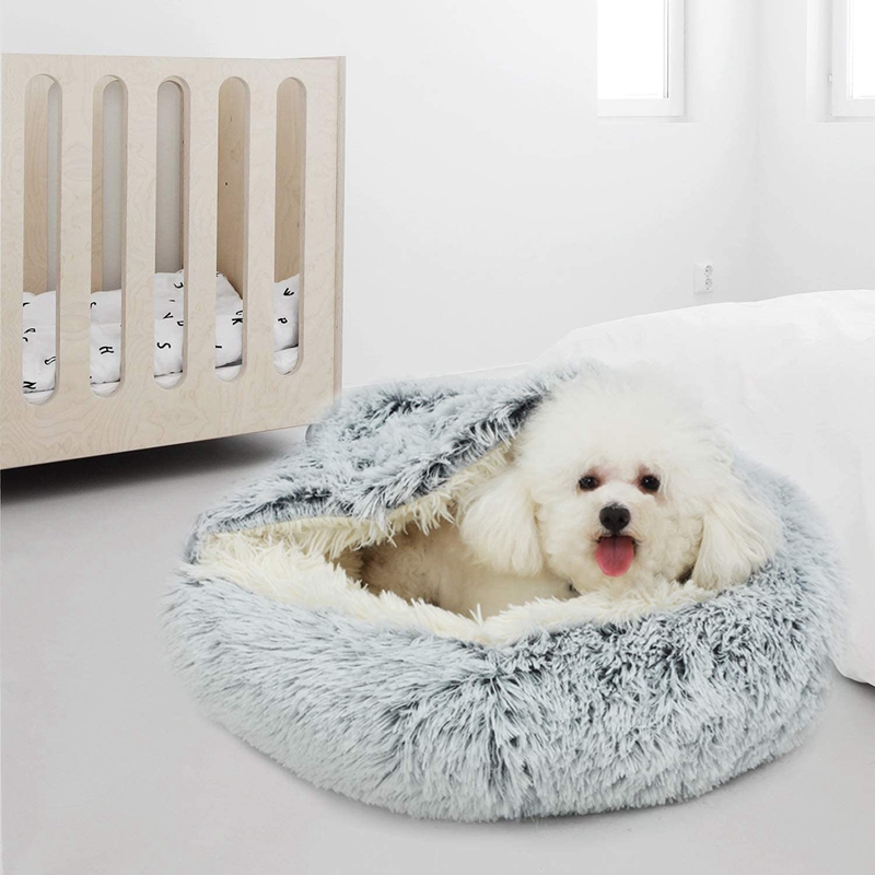 Huisdier Bed-Ronde Zachte Pluche Gravende Cave Hooded Kat Bed Voor Honden &amp; Katten, self Warming Indoor Slapen Bed Grey 19.7 Inch