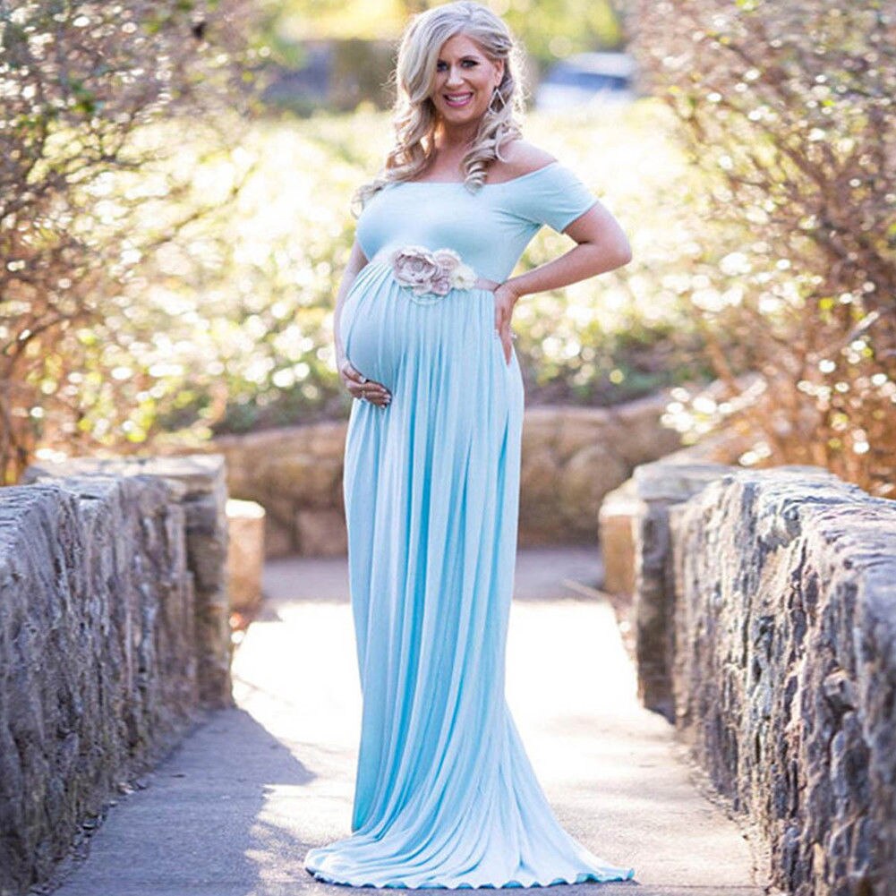 Barsel kjole fotografering rekvisitter sommer off skulder lang maxikjole graviditet kvinder mælk kjole tøj til gravide: Himmelblå / L