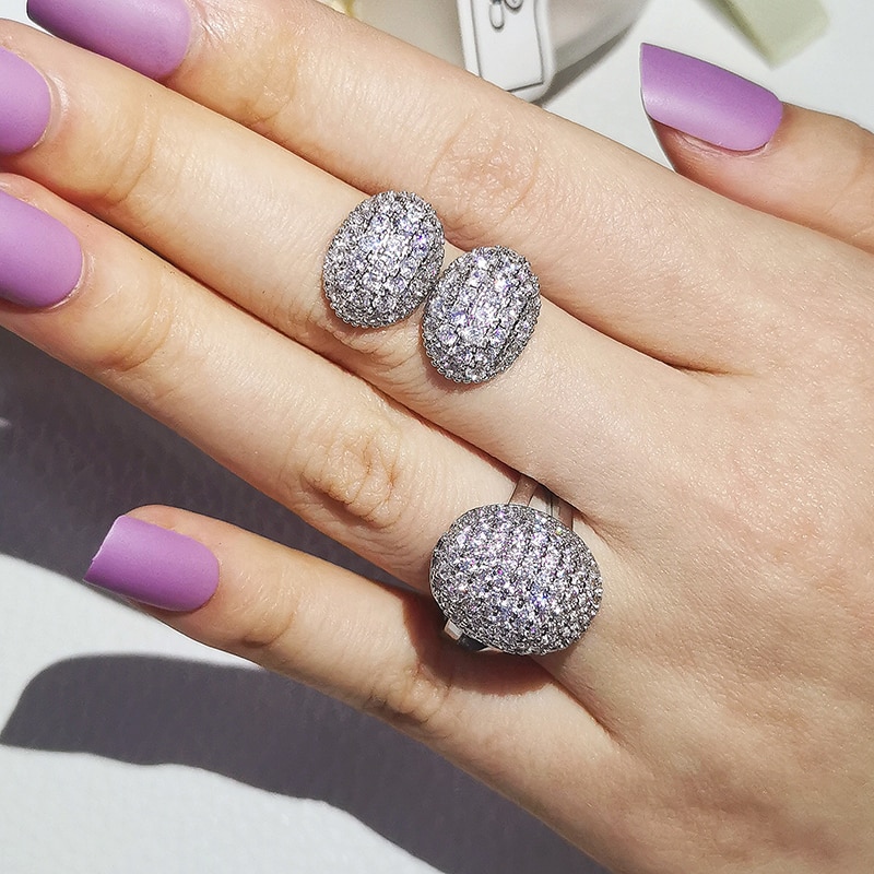 2pcs Pack 925 Sterling Silver Jewelry Set Halo Engagement Ring Round Stud Earring For Wedding Christmas Party J6016