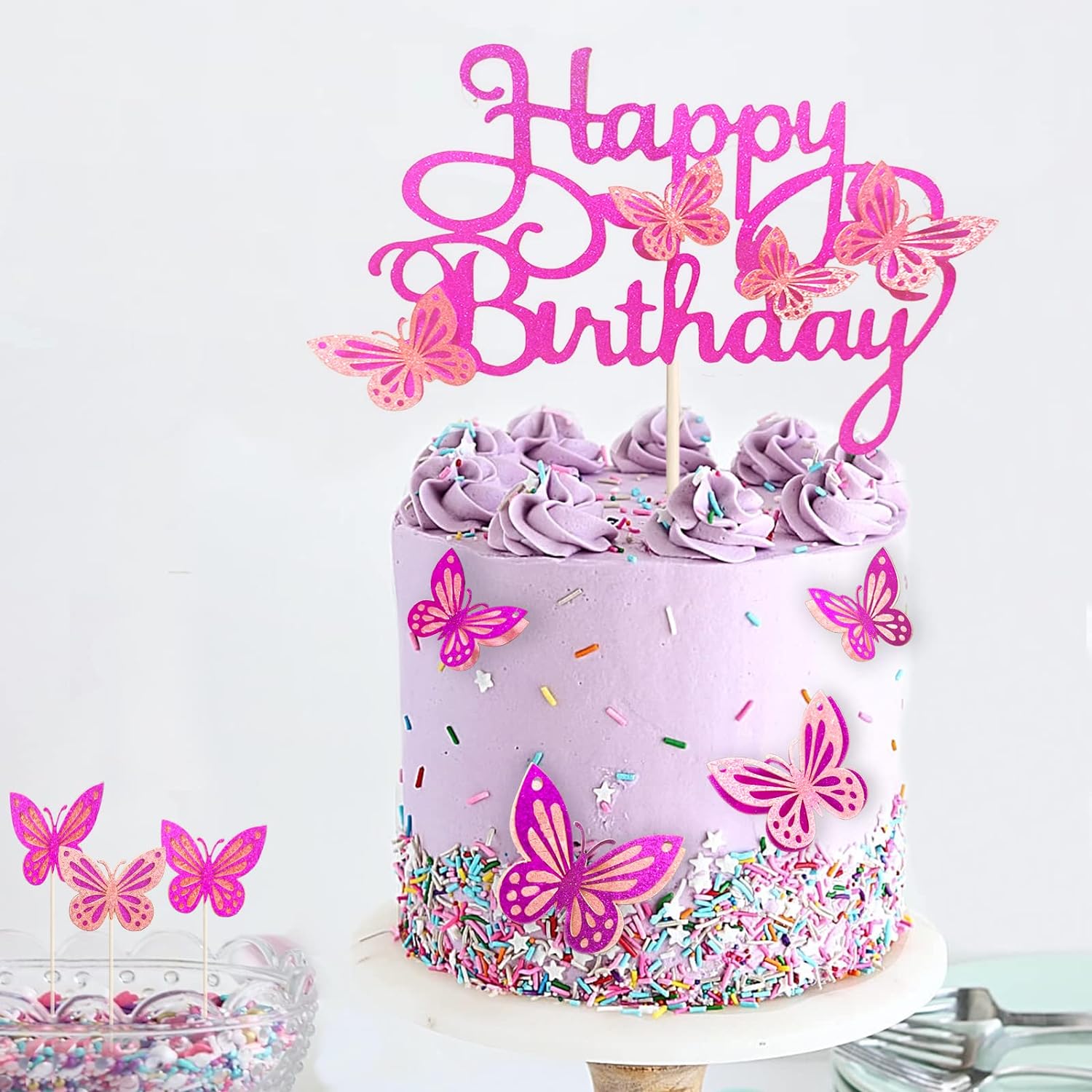 13 Uds. De adornos para tarta de mariposa 3D de color rosa intenso, adorno para magdalenas para niñas y mujeres, adorno para tarta de feliz cumpleaños, decoración para tarta de cumpleaños