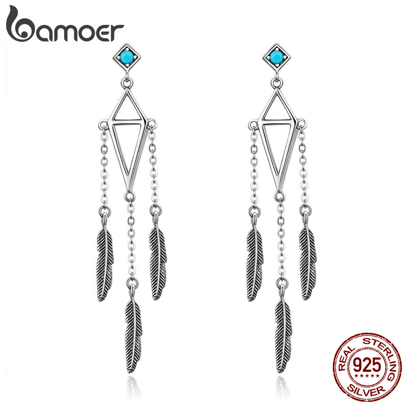 BAMOER 925 Sterling Silver Feather Wind Chimes Dangle Earrings for Women Vintage Silver Jewelry SCE529