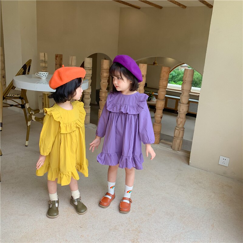 Autumn Girls Solid Long Sleeve Dress Kids Korean Dress