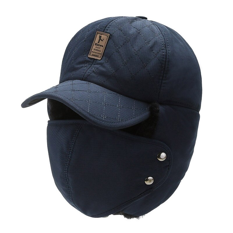 Trend Winter Thermische Bomber Hoeden Mannen Vrouwen Gehoorbescherming Oorbeschermers Voelde Masker Gezicht Winddicht Ski Cap Dikker Paar Oorkleppen Hoed: Blue