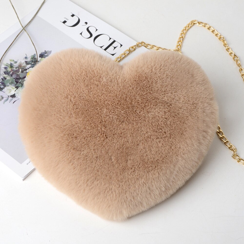 Women Heart Shaped Bag Female Chain Messenger Bag Plush Love Shoulder Crossbody Bag Winter Fur Hand Bags: B