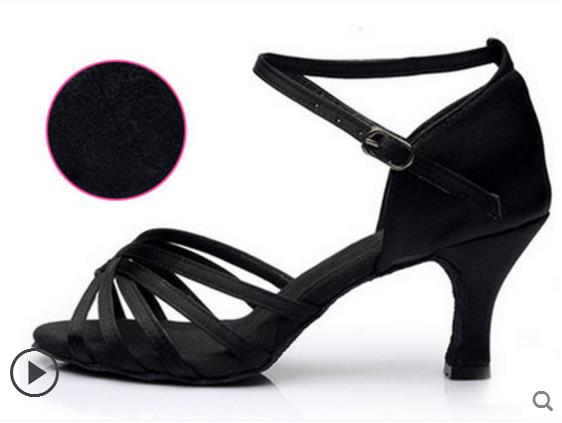 Vrouwen Latin Dans Schoenen Hoge Hakken Koeienhuid zachte bodem Black satin Sport schoen Latin Indoor Goedkope Meisje Beoefenen Grote Korting: BLACK heel 7.5cm