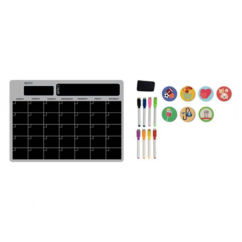 A3 Magnetic Monthly Weekly Planner Calendar Table Dry Erase Fridge Sticker Message Board: Black