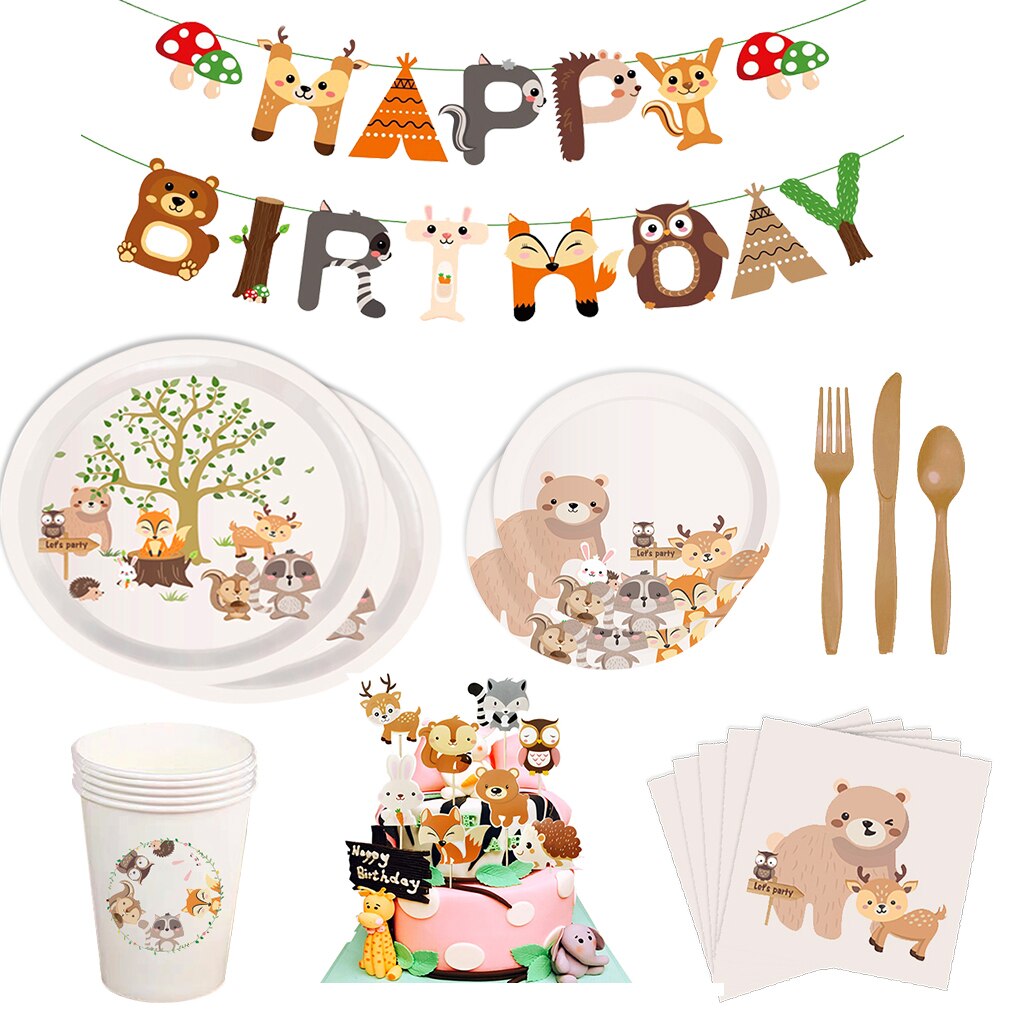 Bos Dieren Woodland Party Wegwerp Servies Pull Vlag Vos Eekhoorn Jungle Safari Party Happy Birthday Party Decor Kids