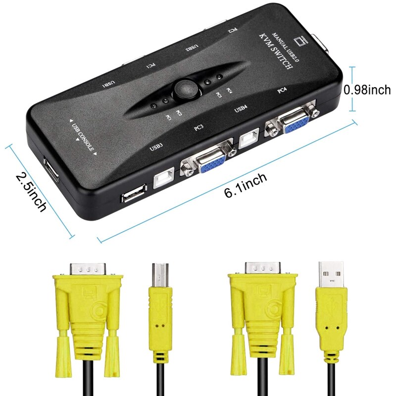 USB KVM VGA Switcher, 4 Ports USB 2.0 KVM Switch Box Adapter, One-Button Swapping, 4 VGA Cables Included