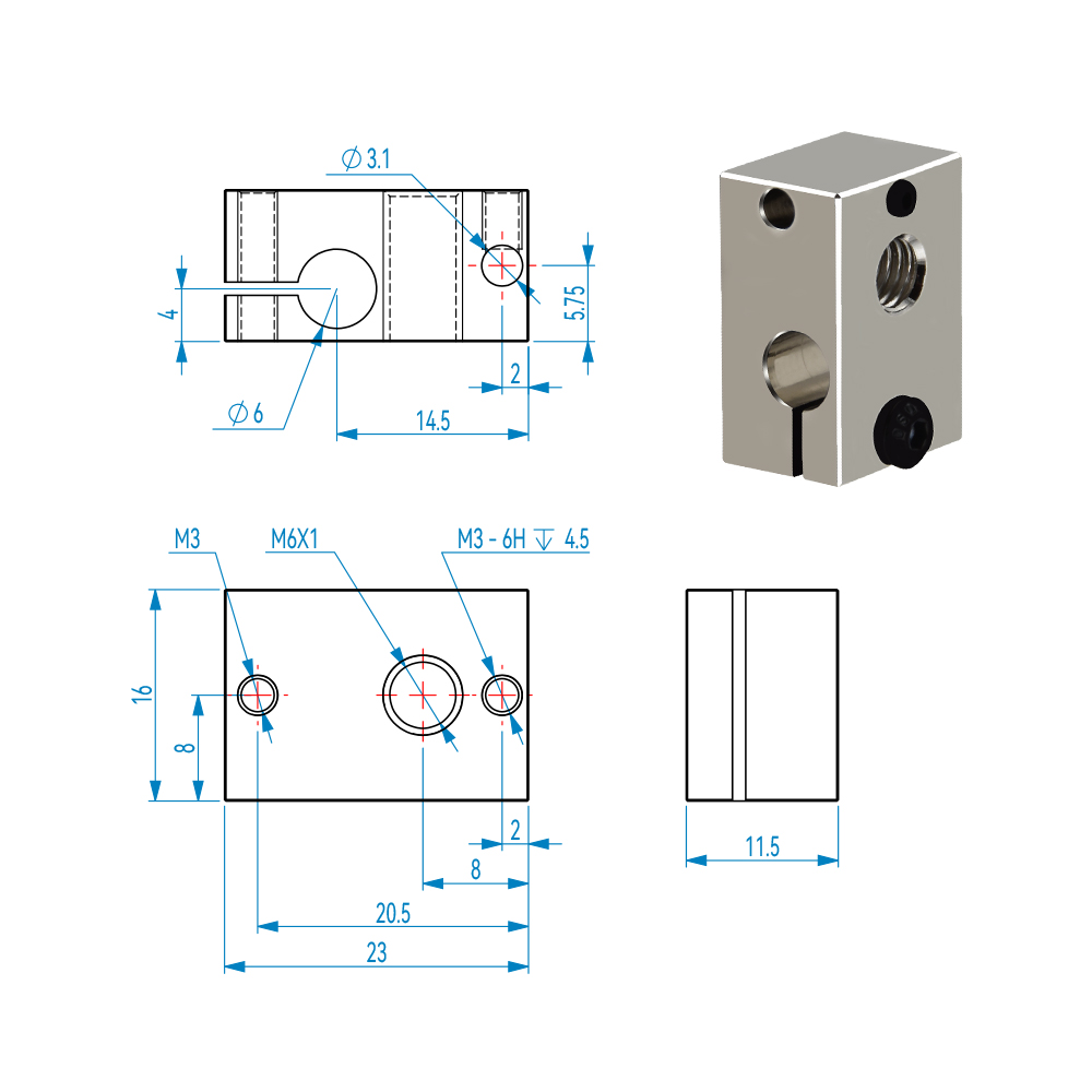 V6 PT100 verwarmingsblok siliconen sokken aluminium messing verkoperd verwarmingsblokken voor V6 Hotend