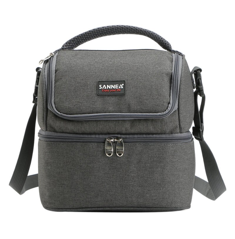 SANNE 7L Double Decker Lunch Bag Thermal Insulated Oxford Polyester Insulated Cooler Bag Work Outdoor Portable Picnic Lunch Box: Gray