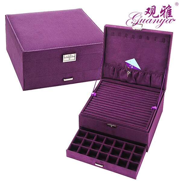 Style Luxury Jewelry Boxes 3 Layers With Lock Large Space Organizer For Ring And Necklace Velvet Jewelry Holder 4 Color: Purple 