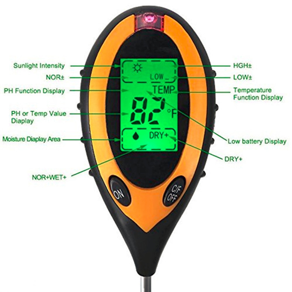 Digital Soil PH Meter Moisture Monitor Temperature Sunlight Tester For Gardening Plants Farming With Blacklight LCD Display