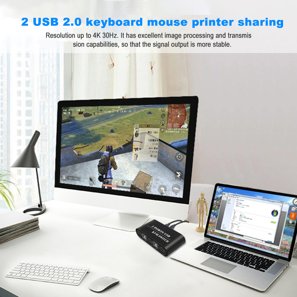 2 Ports HD KVM Switch USB 4K HD Keyboard Mouse Splitter Switcher 2 PC Sharing Printer Keyboard Mouse Manual Box