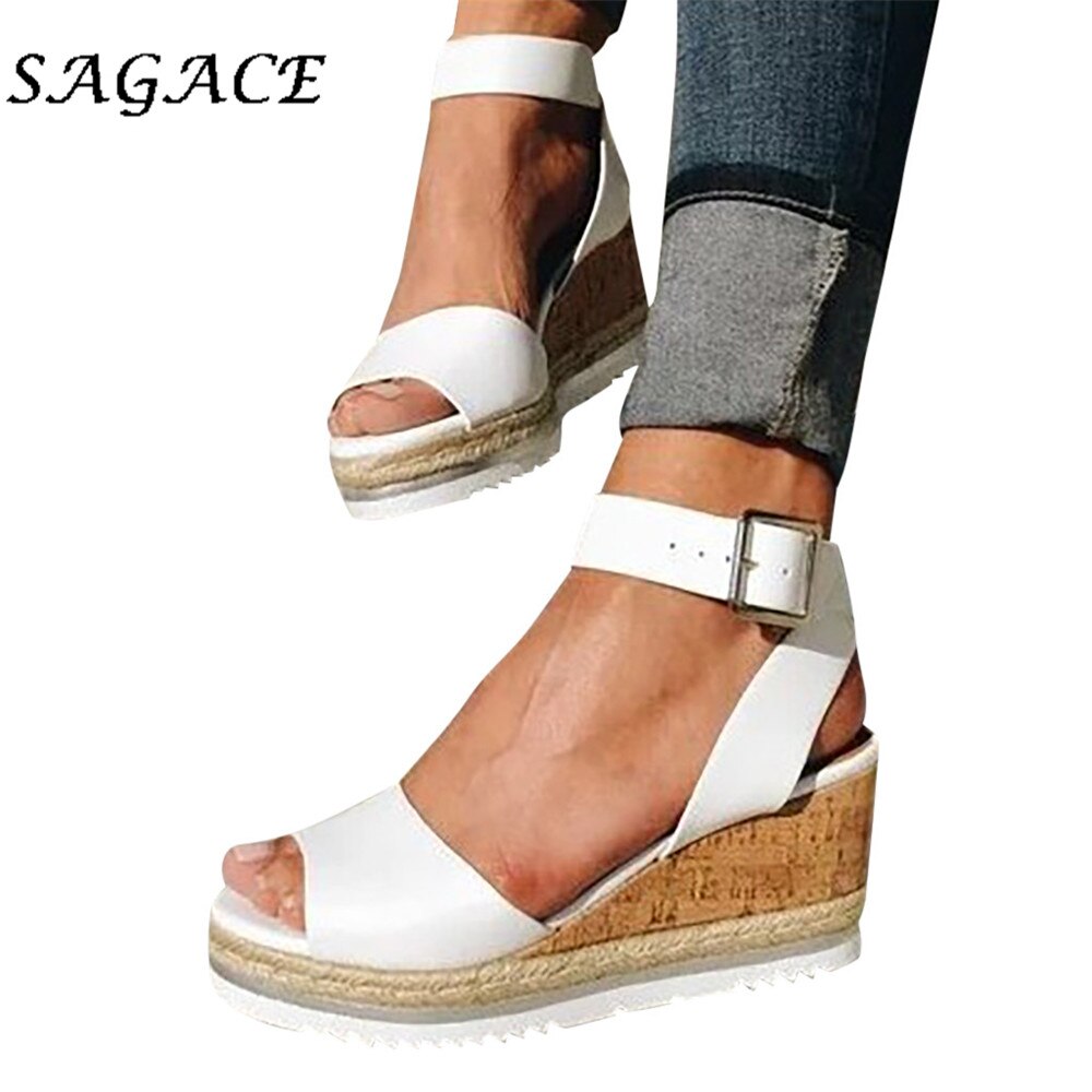 Buty SAGACE damskie klamry sandały klinowe gumowe plażbyć winnym sandały 2019 letnie damskie skórzane sandały na obcasie 5cm obuwie