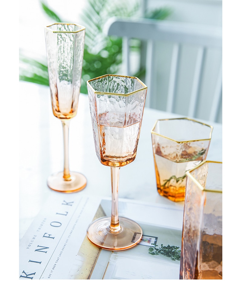 2 PCS Hexagonal Hammered Gold Rim Champagne Glass, Wine Glass,Whisky Glass, Water Glass Set of 2