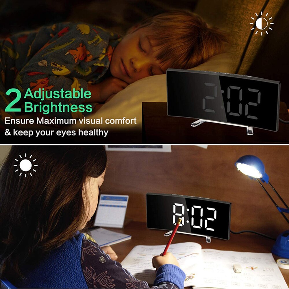Digital Black Alarm Clock 7 Inch Curved Dimmable LED Digital Clock for Kids Bedroom Green Large Number Clock Lightweight