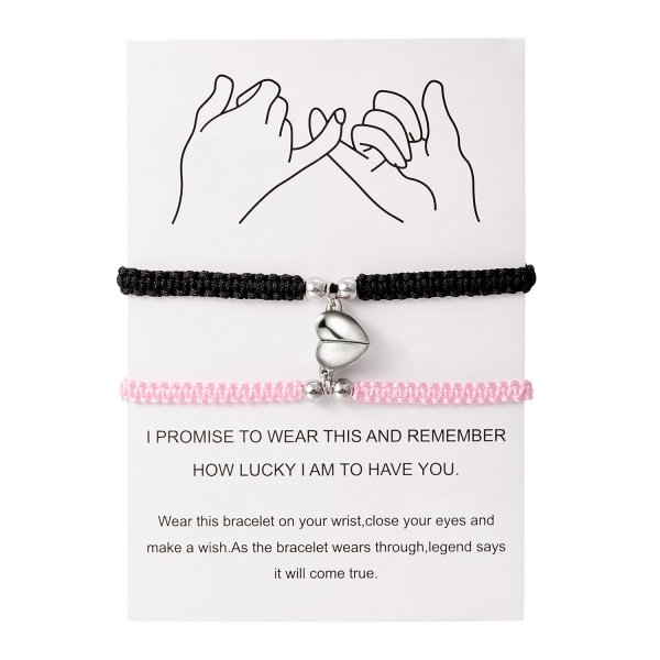 2 uds pulsera trenzada de cuerda roja Simple de la suerte para mujeres y hombres corazón romántico pareja magnética pulseras a juego joyería de amistad: Rodio plateado