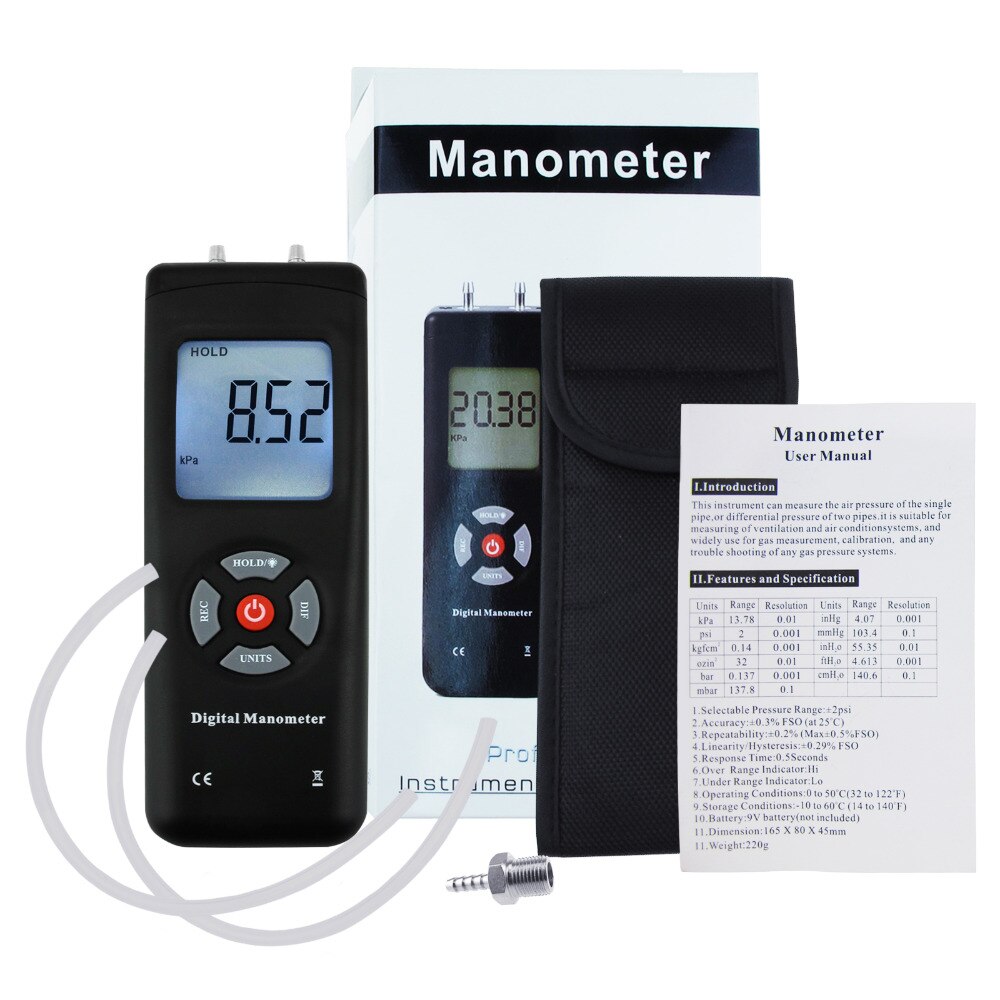 Digital Manometer Portable Handheld Air Vacuum/Gas Pressure Gauge Meter 11 Units with Backlight +/-13.78kPa +/-2PSI
