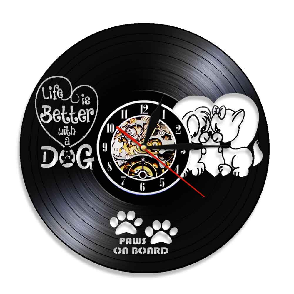 Leven Is Beter Met Een Hond Inspirerend Citaat Dierenarts Kliniek Hond Muur Decor Wandklok Poten Op Board Vintage Vinyl record Wandklok: Without LED