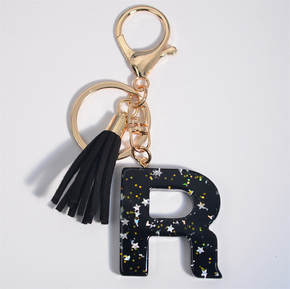 Schwarze Initialen A-Z Schlüsselanhänger Glitzer Stern Pailletten Harz Buchstaben Schlüsselanhänger mit Quaste für Frauen Tasche Ornamente Charm Autoschlüsselhalter: Dark Orange