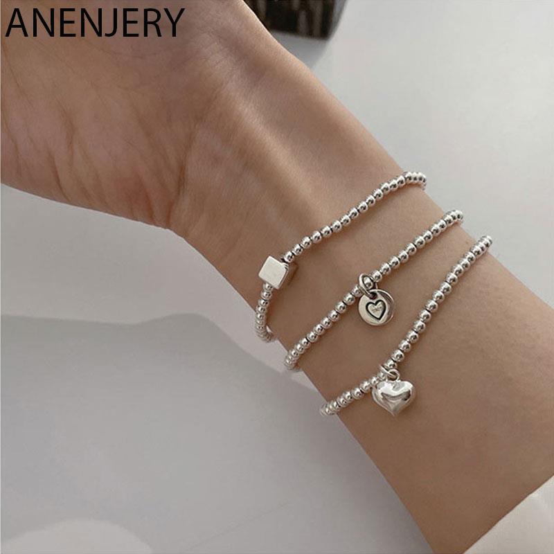 ANENJERY Silber Farbe Geometrische Quadrat Herz Anhänger Armband Einfache Weibliche Perlen Kette Armband