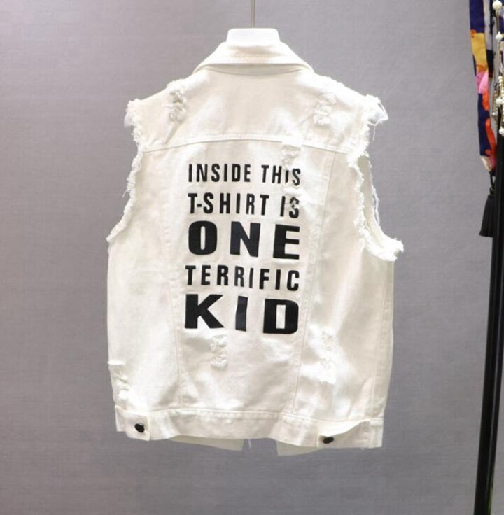 Chaleco vaquero de verano , chaleco de Mujer blanco puro con letras, chaleco de agujeros, chaqueta vaquera salvaje de primavera Para Mujer, chaleco de Para Mujer