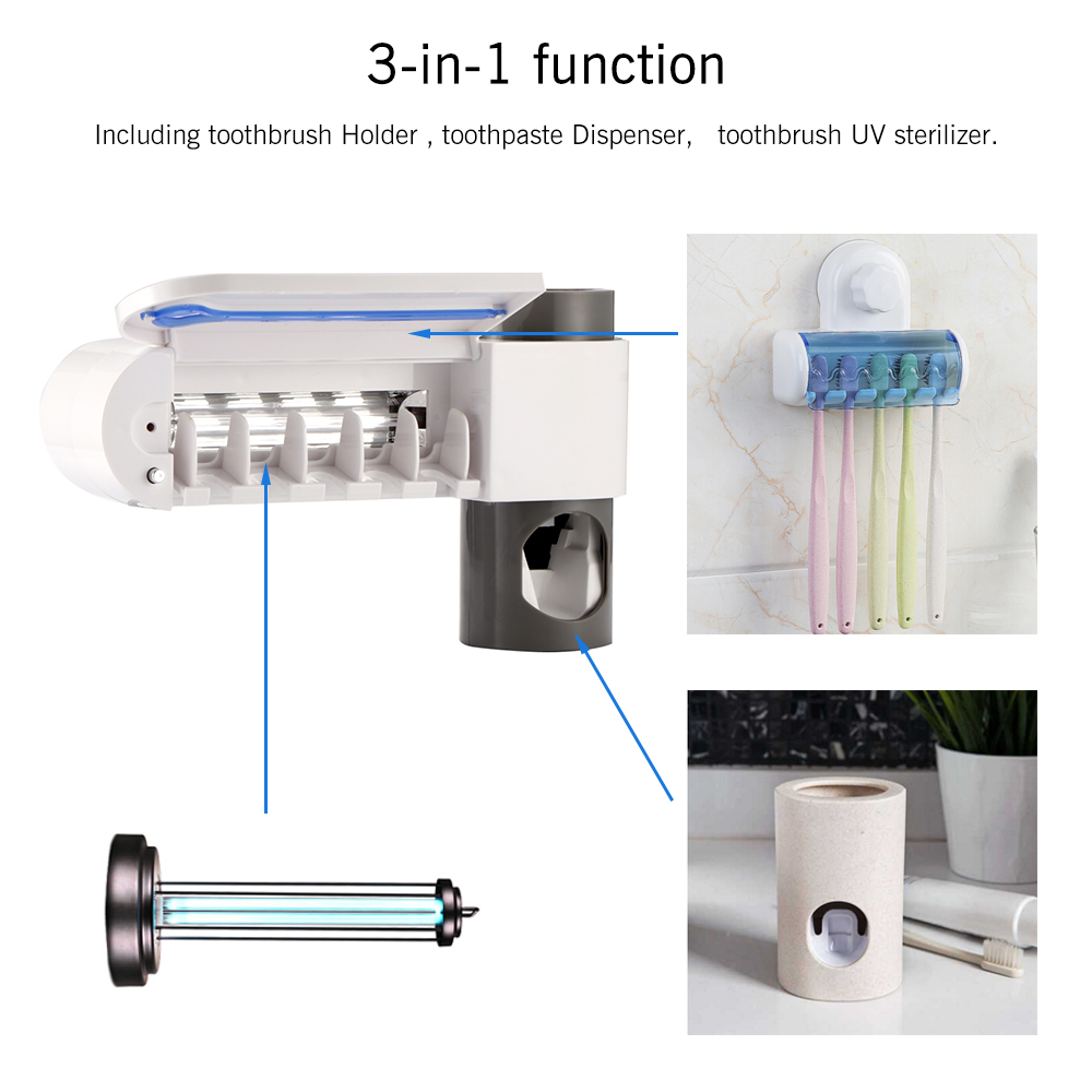 ABEDOE 2 In 1 UV Tandenborstel Sterilisator Tandenborstel Houder Automatische Tandpasta Squeezers Dispenser Thuis Badkamer Set