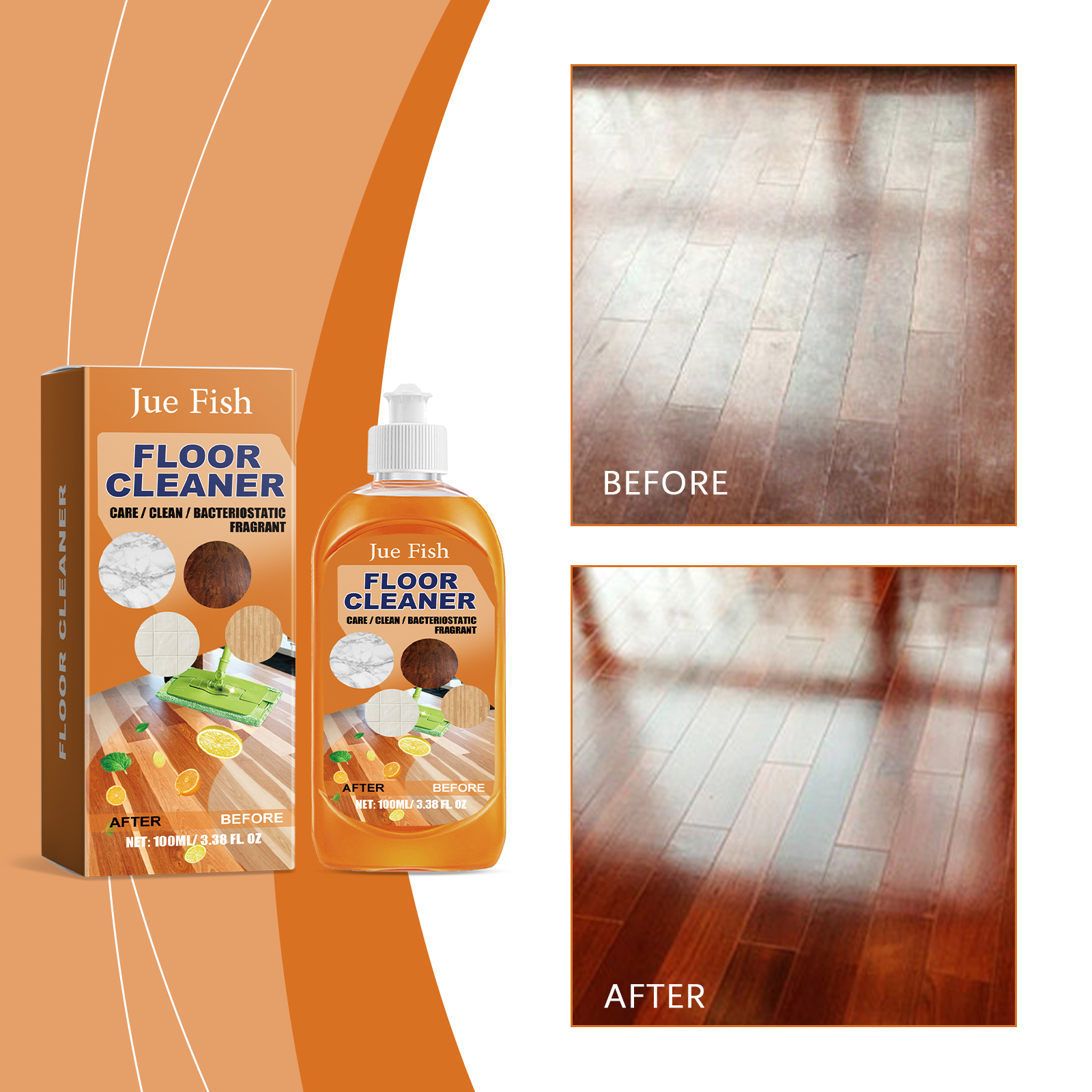 Gulvrens; tregulvsrens, polerings- og hvitemiddel, kraftig smuss- og skittfjerner for fliser