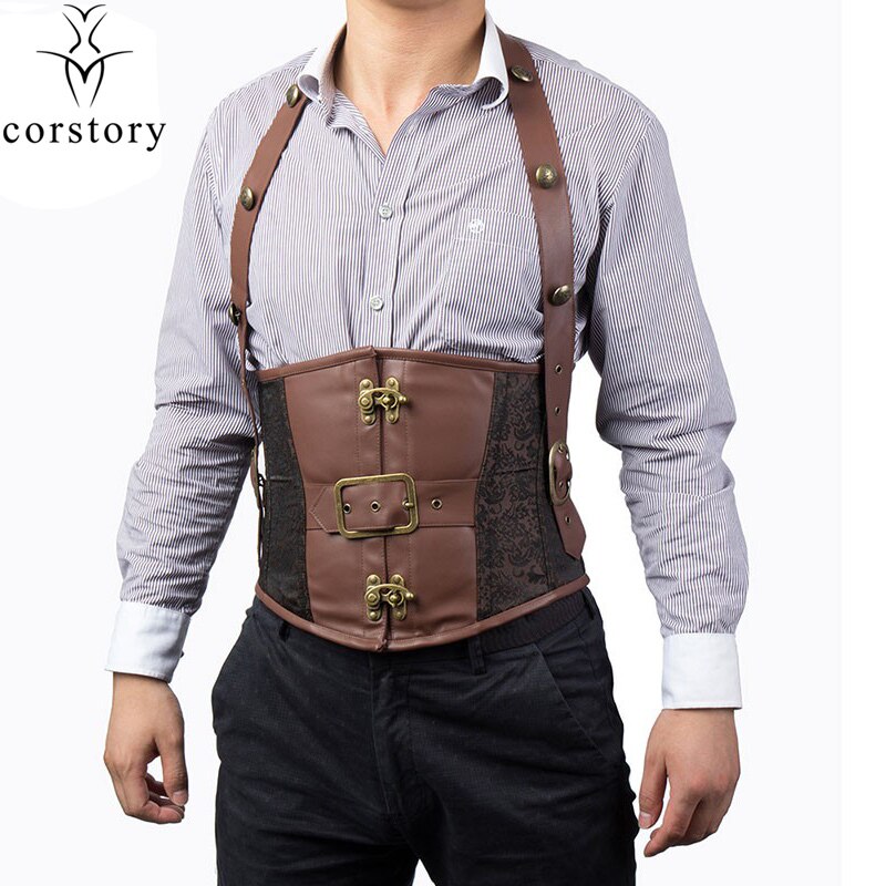 Corstory Retro Brown Leather&Brocade Steel Boned Halter Steampunk Underbust Gothic Underbust Corset Belt Waistcoat