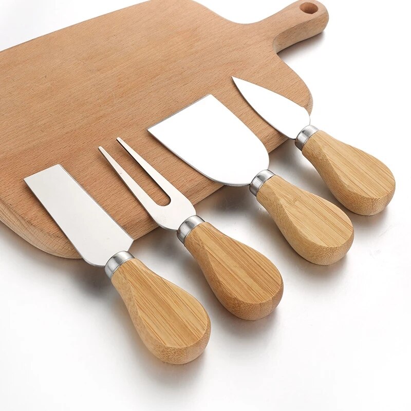 4Pcs Cheese Knives Set Stainless Steel Cheese Knives Oak Bamboo Handle Cheese Slicer Cutter Butter Knife Spatula Mini Knife Tool