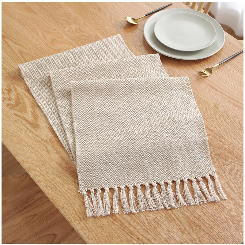 Ins Style Modern Simple Table Runner Solid Color Handmade Tassled Cotton Linen Table Runner Household Tea Table Flag
