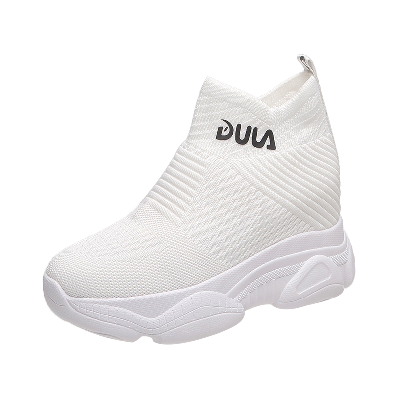Åndbare strikkede chunky sneakers kvinder fjeder solid kilestrømpe sko kvinde tyk bund høj top sko kvinde: Hvid / 38