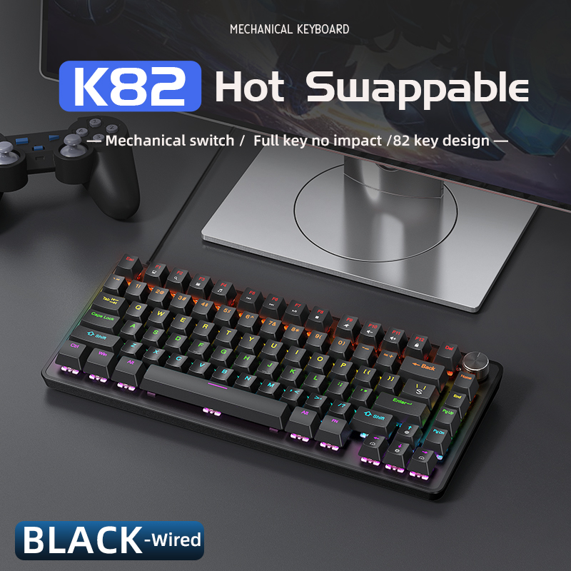 APAYADO K82 Mechanische Tastatur, 82 Tasten, Multifunktionsknopf, vollständige Tasten-Swap-fähig, kühle Hintergrundbeleuchtung, kabelgebundene Verbindung, Windows und Mac: Black / Blauer schalter