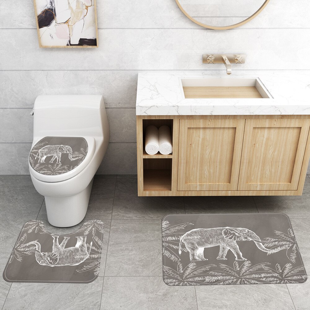 Afdrukken Olifant Badmat En Douchegordijn Set Flanel Badkamer Mat Absorberende Badkamer Tapijt Wc Badmat Voet Mat